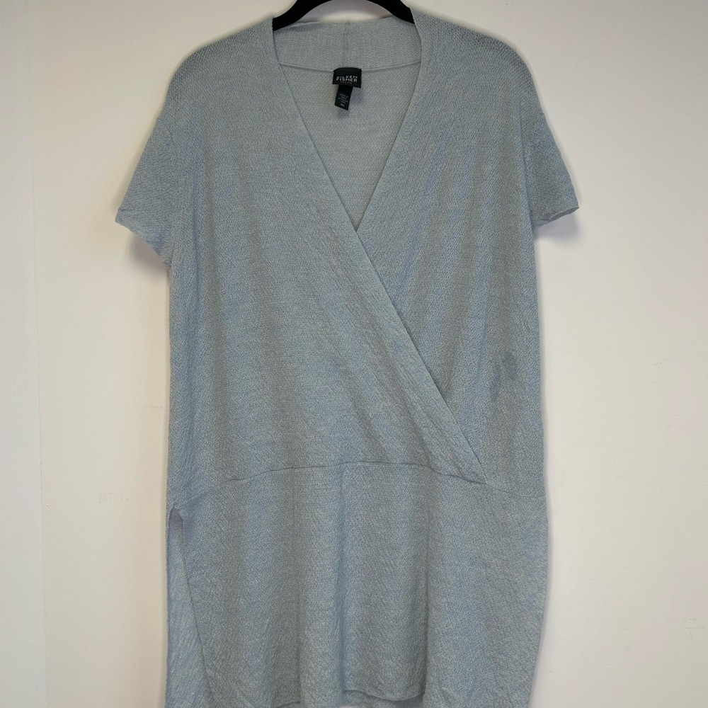 Eileen Fisher System Seafoam Green Cap Sleeved Faux Wrap Wool Tunic Top